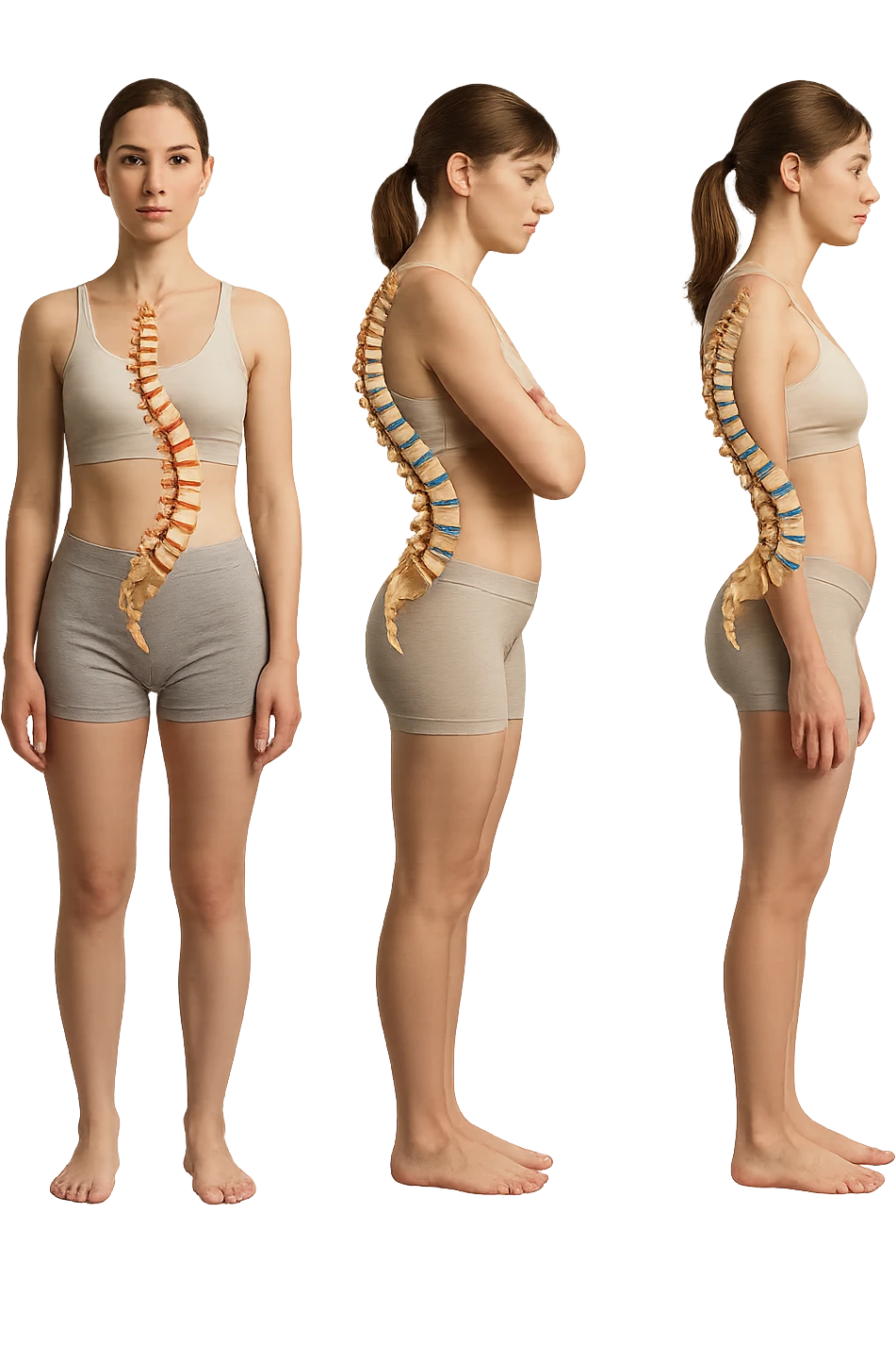 fai un immagine identica che riguarda 3 posture scorrette: scoliosi, ipercifosi e iperlordosi. falla iperrealistica anatomica in 4k con spina dorsale storta in evidenza su ogni figura emoji