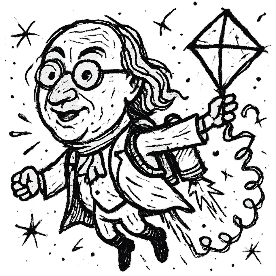 Ben Franklin with jetpack and diamond kite, minimalist, black outline, slightly chaotic lines emoji