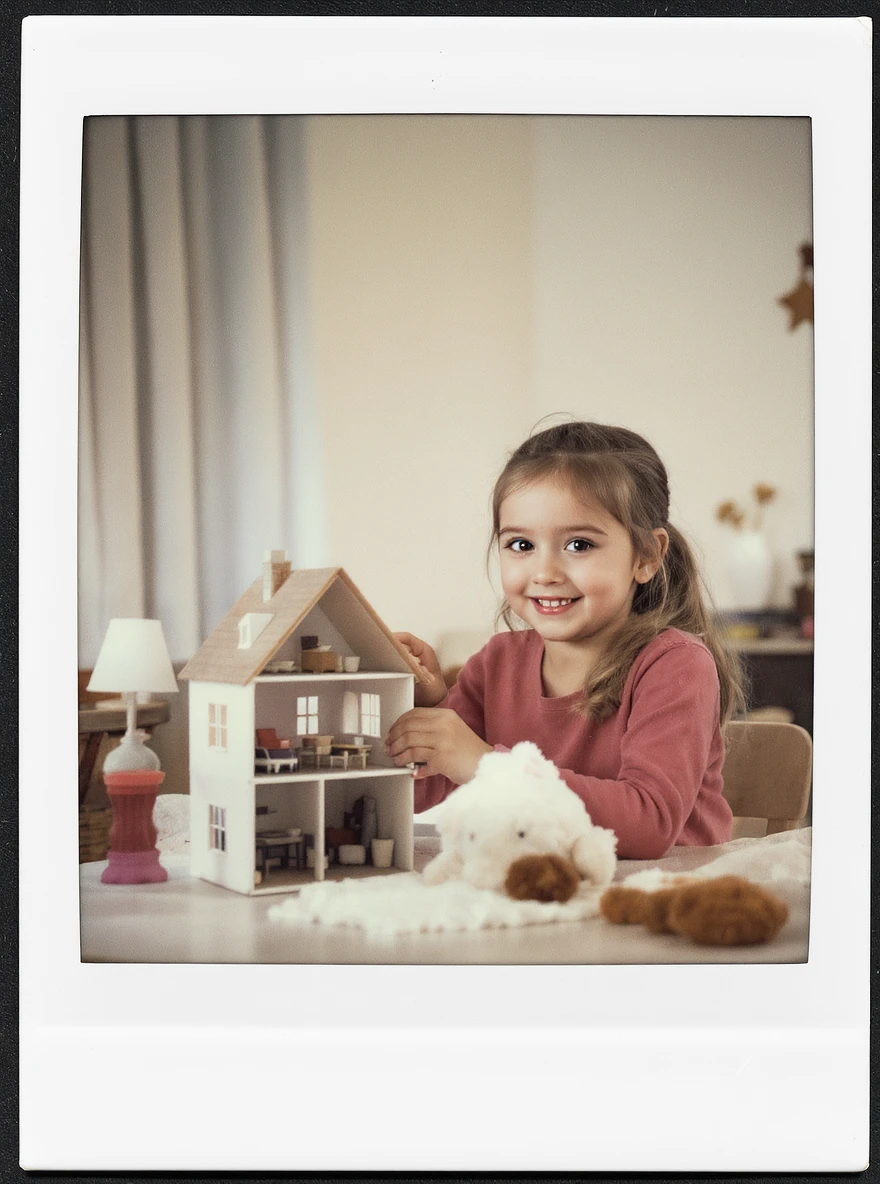 smiling girl arranging furniture in doll house emoji