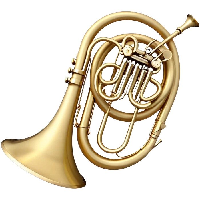 Create an elegant and refined emoji representing the Arnolds & Sons AHR-563-TERRA horn. The design should feature the intricate, shiny brass body of the horn with its signature wide bell and beautifully coiled tubing. The horn should be highly polished with subtle accents that reflect its craftsmanship. Use golden brass tones and light reflections to highlight the luxury and sophistication of the instrument. Add delicate musical notes to evoke its melodic sound. The background should be transparent. emoji