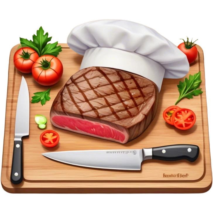 A photorealistic icon featuring a chef's hat, a cutting board with fresh ingredients, a knife, a plate with a well-plated dish, and a beautiful ribeye beef steak. Bright, detailed design with realistic textures and lighting. Transparent background, clearly symbolizing cooking and culinary arts. emoji