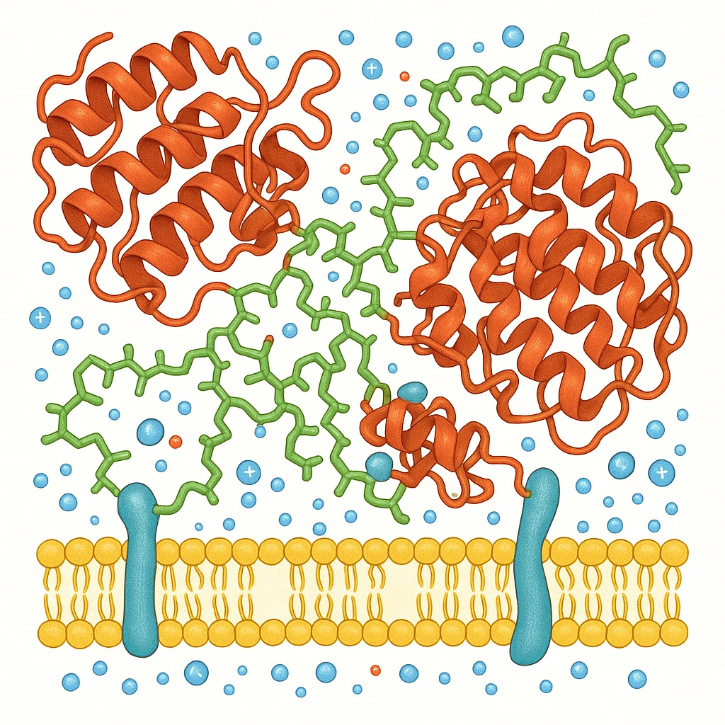 Ultra-realistic scientific illustration of enzymatic starch digestion at the cellular level, rendered in textbook-accurate detail. Show:

Multiple amylase enzyme molecules (red, with clear tertiary structure showing alpha-helices and beta-sheets) actively cleaving
Starch polymers (green amylose/amylopectin with accurate glucose unit linkages - α(1→4) and α(1→6) branches)
Cell membrane segment (yellow phospholipid bilayer with integral proteins and cholesterol molecules)
Reaction environment (blue water molecules, ionic interactions, pH-sensitive groups)
Molecular interactions (hydrogen bonds, substrate-enzyme transition state, electron cloud textures)
Technical Specifications:

Background: Pure white (#FFFFFF)
Accuracy: PDB-level structural correctness (reference 1SMD for amylase)
Exclusions: No labels
Special Details to Include:

Catalytic triad (Asp197, Glu233, Asp300) in amylase active site
Starch helix distortion during hydrolysis
Membrane protein channels for glucose transport emoji