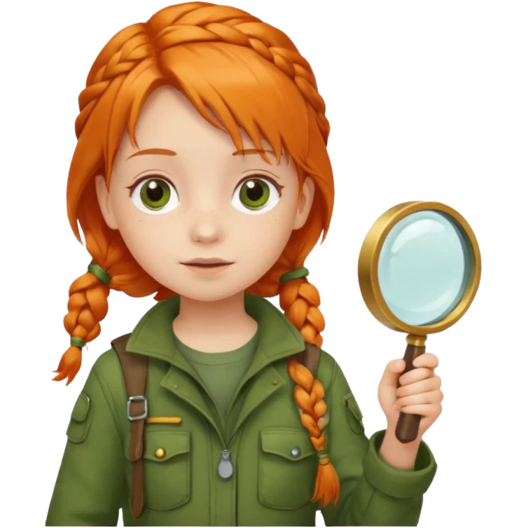 braid orange haired girl kid in moss green explorer outfit, holding magnifying glass emoji