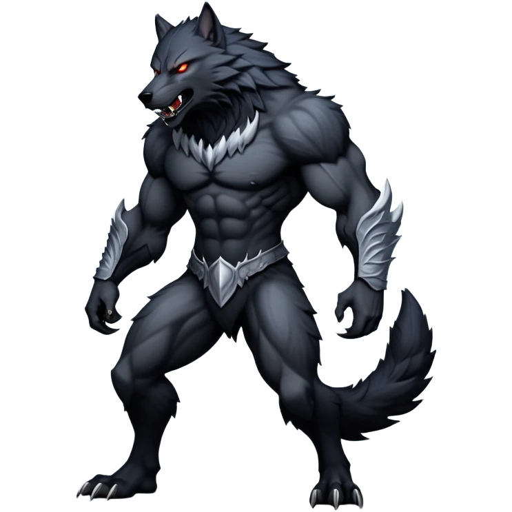 cinematic-noble-fierce-werewolf-full body-emoji, poised-and-imposing, with a tall, slender yet muscular frame inspired by the brutal, imposing shape of the beast from Berserk, fur rippling in shades of midnight black and silver, eyes glowing with an intense, primal ferocity, reflecting the untamed power of the wild moonlit night; rendered with realism emoji