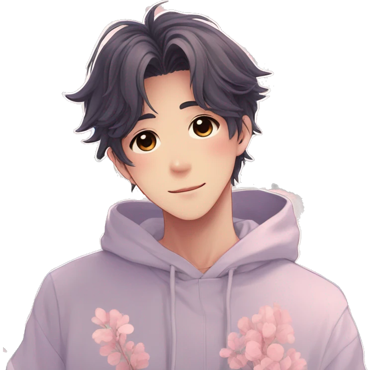 Gorgeous pastel anime style shojo guy with blushing face and flowers aesthetic trending style outside emoji