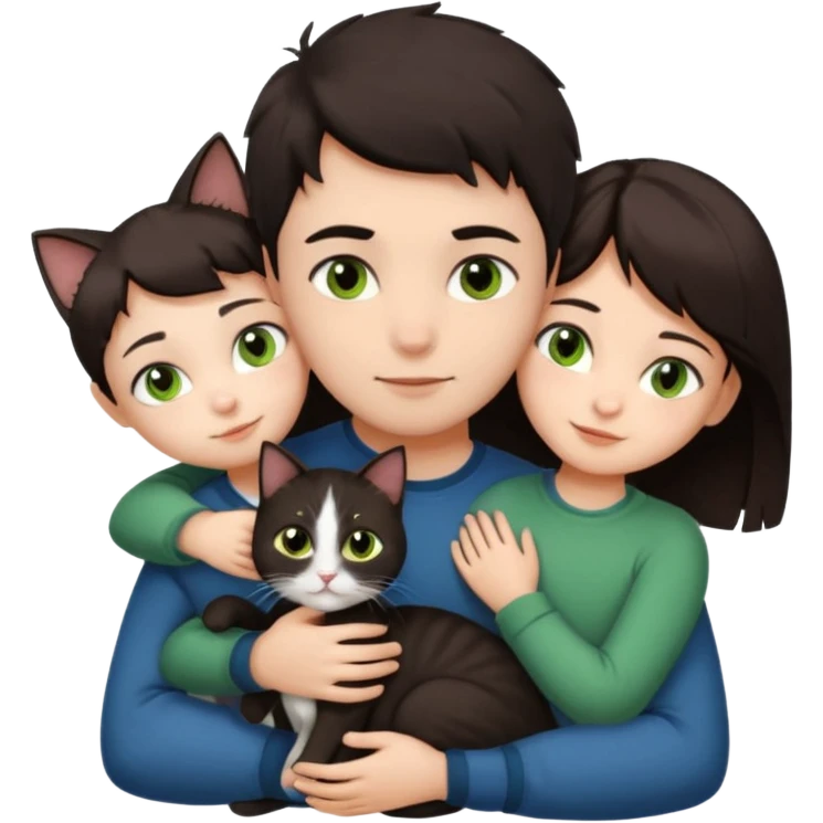 Crea un emoji donde salga un chico de pelo moreno con los ojos claros, una chica de pelo morena con los ojos marrones y UN gato europeo comun de pelaje oscuro y ojos verde claro, quiero que se esten abrazando el chico y la chica, y el gato este en el medio emoji
