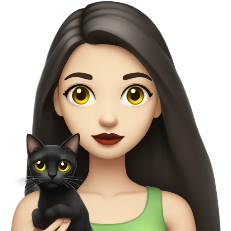 A teenage girl with white skin, she have some green hazel eyes, red lipstick, mid long straight dark brown hair, she have an eyeliner and she is holding a black cat that have some yellow eyes in her arms, view from close emoji