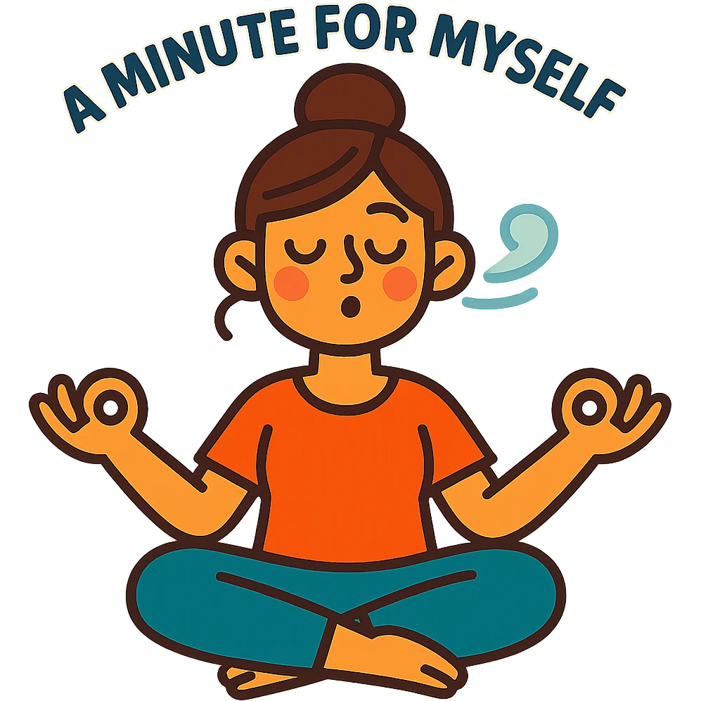 cute cartoon-style woman meditating, expressive, symbolizing a minute for myself, breathing, calm emoji