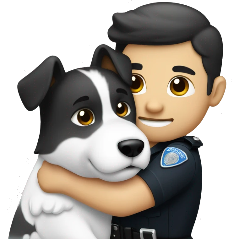 white dark hair male police officer hugging a wusky emoji