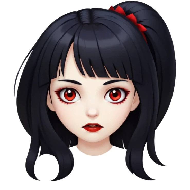 Garota vampiro com cabelo preto longo e franja na testa na altura da sobrancelha. Cílios compridos. emoji