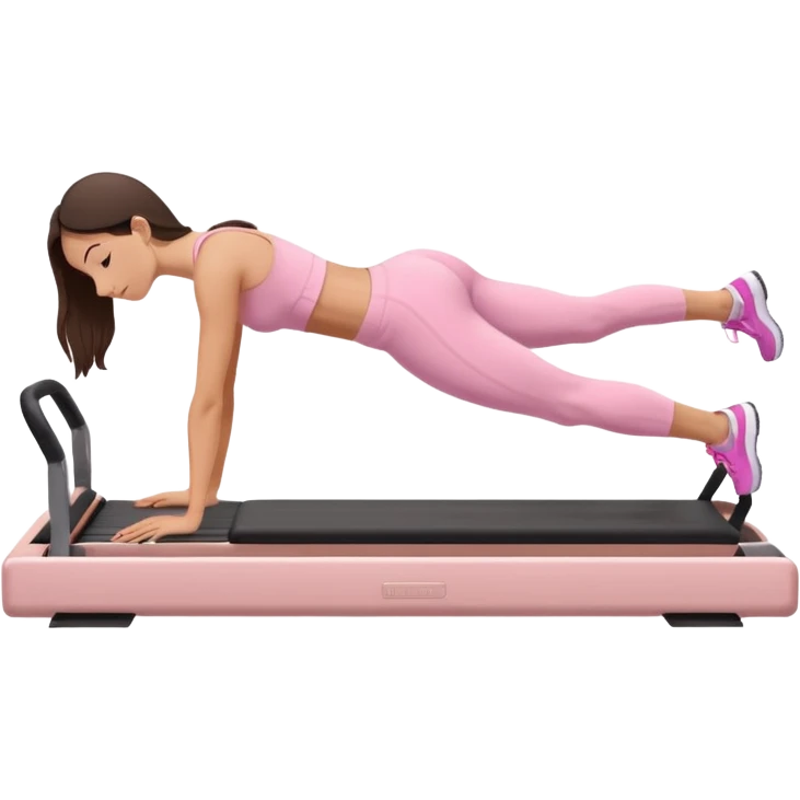 white brunette girl in light pink workout clothes doing a plank on a reformer emoji