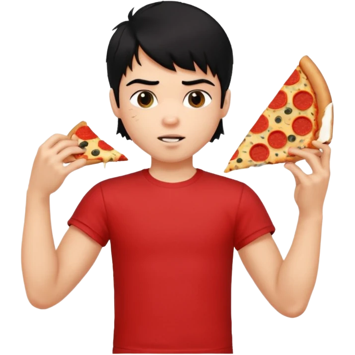 generate a pretty fair bratz boy with a messy mullet (black hair), wearing a red tshirt. eating pizza. He has big biceps emoji