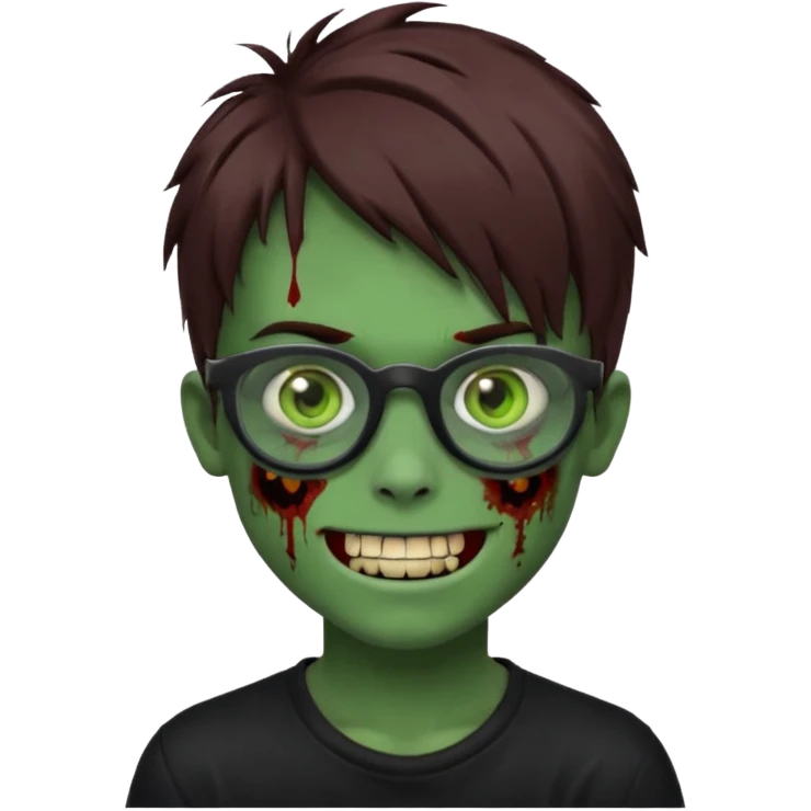 Zombie emo boy, green skin and brown hair, black glasses and a scary smile, scars and blood under eyes emoji