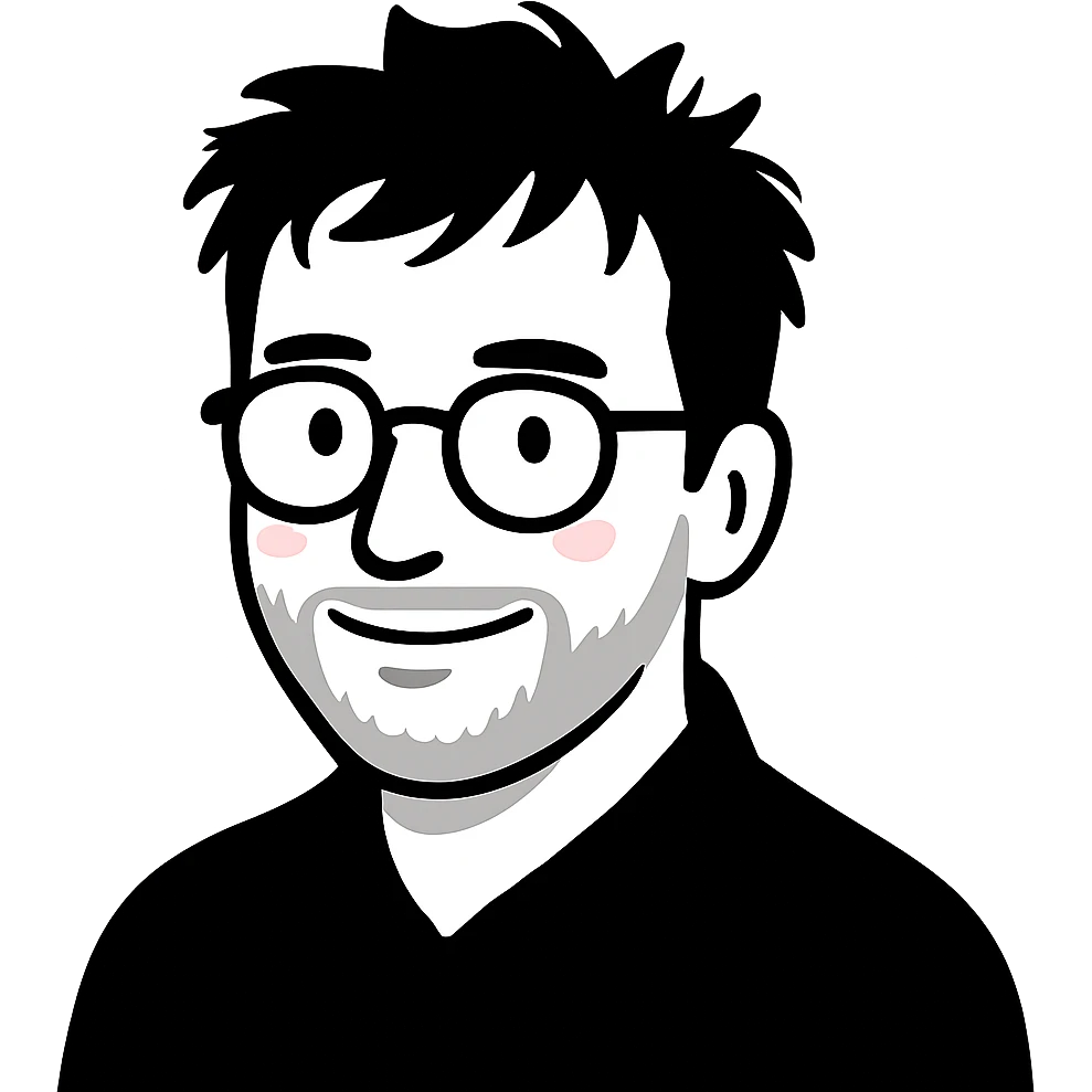A creative man with round glasses, disheveled messy hair, and a neatly trimmed short beard, with a gentle smile emoji
