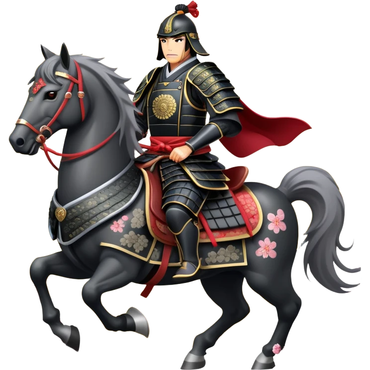 clash-of-clans-aesthetic_-cinematic-fearsome-and-majestic-samurai-bust-portrait-emoji, rendered in a flat, vector-style with minimal shading and bold, simplified shapes typical of emoji art, depicting a battle-hardened samurai with steely eyes and traditional black Japanese armor. The samurai is riding a noble grey warhorse adorned with an intricately designed saddle and fluttering banners, against a backdrop of cherry blossoms and a rising sun. a samurai on a   horse emoji