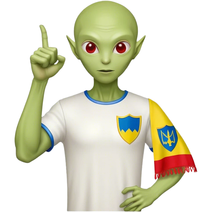 Green alien in Shirt 👚 vyshyvanka, white with red embodiary on sleeved, with 🇺🇦 Ukraine flag in a hand and 💪 emoji