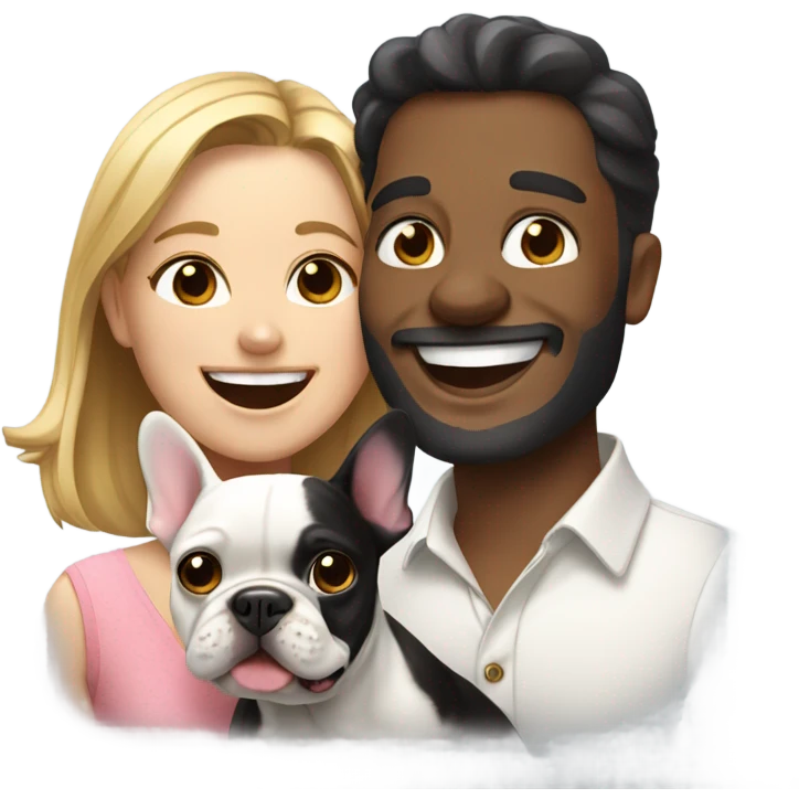 happy couple indoors with frenchie emoji