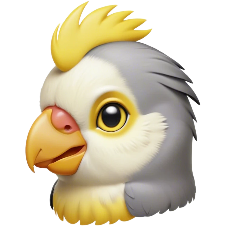 Cinematic Cute Cockatiel Portrait Emoji, Head tilted playfully and inquisitively, featuring a smooth grey fur with bright yellow accents and a perky crest, round, sparkling dark eyes filled with curiosity, Simplified yet irresistibly adorable features, highly detailed, glowing with a warm, friendly glow, high shine, affectionate and lively, stylized with a touch of whimsy, bright and endearing, soft glowing outline, capturing the essence of a mischievous yet loving cockatiel, so playful it feels like it could chirp out of the screen and into your arms! emoji