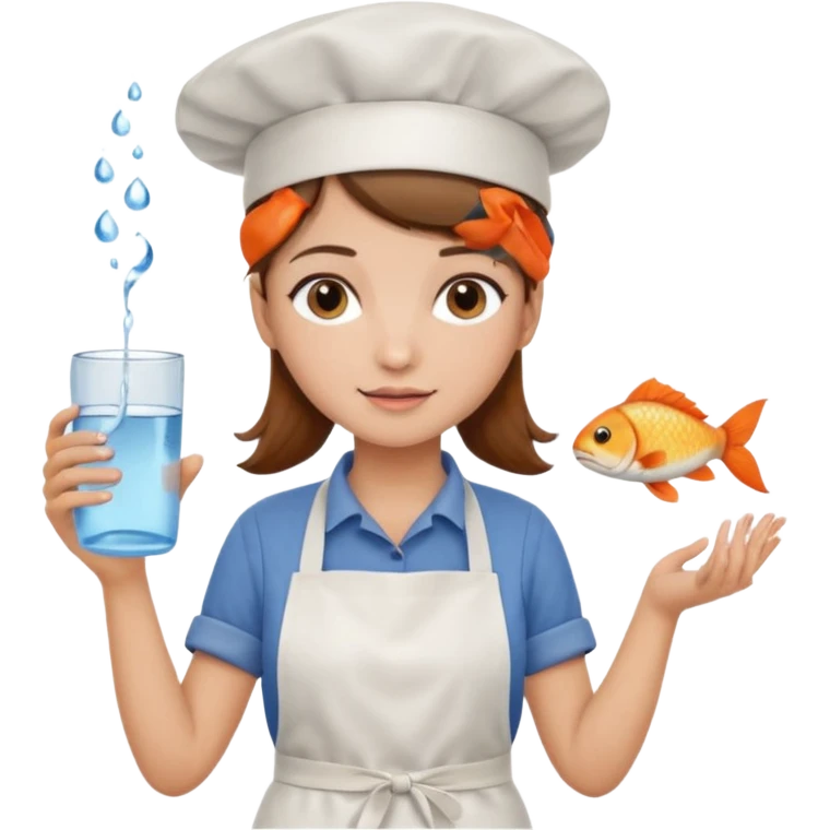 A girl with brown hair with a chef hat wearing an apron and holding a fish and a cup of water in another hand emoji