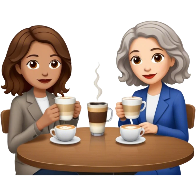 puerto rican woman light skin with shoulder-length, wavy, brown hair drinking latte with older, pale jewish woman with short, red gray, very straight hair drinking espresso at table emoji
