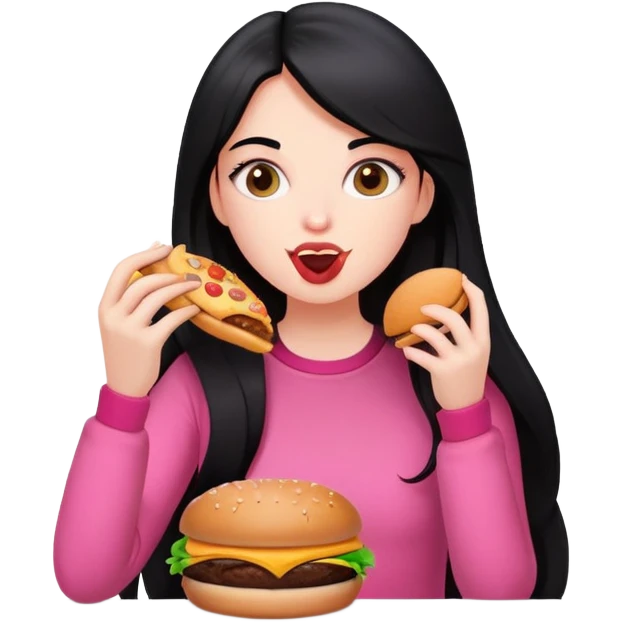 White girl in pink clothes and long black hair eating burger and pizza emoji
