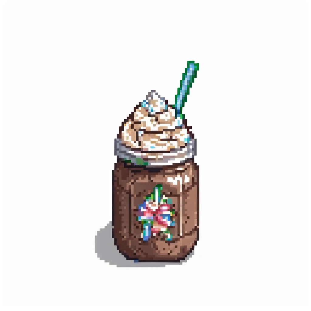 Add whipped cream on top of the chocolate milkshake, keep the pixel art style. emoji