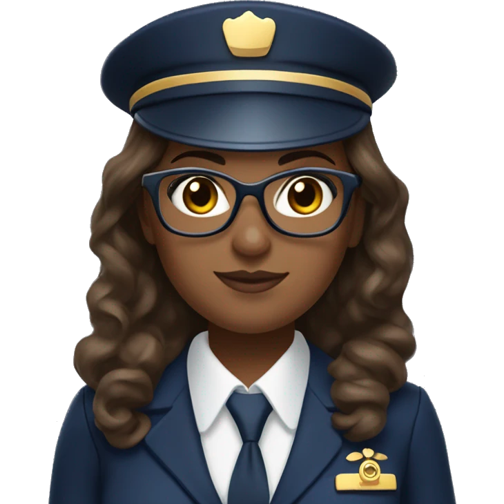 Emoji-style plus-sized flight attendant with wavy brown hair and golden eyeglasses, wearing a navy uniform, holding a heavy stack of caps. emoji
