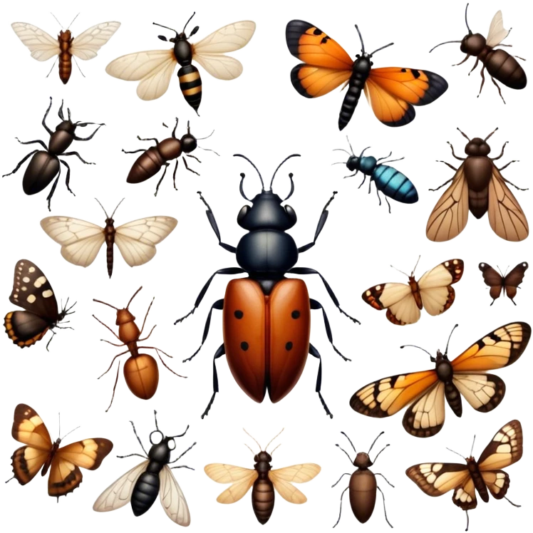 Close-up of various home insects, such as beetles, ants, and butterflies, showcasing their intricate details, wings, and body structures. Soft lighting accentuates their features. Transparent background. emoji