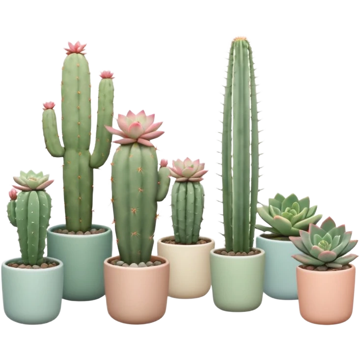 Ceramic pots in pastel colors, tall and short, cylindrical, square, and bowl-shaped, containing cereus cactus plants, hanging cacti, flowering cacti, echeveria succulents, sedum succulents, and graptopetalum succulents placed in a row on the floor emoji