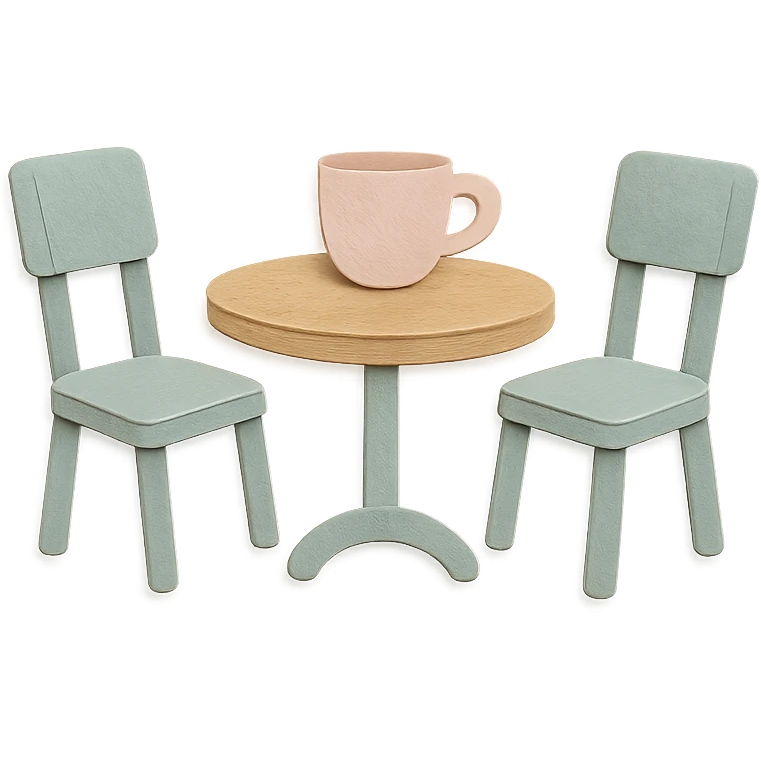 coffee shop table and chairs set, soft pastel hand-drawn illustration emoji