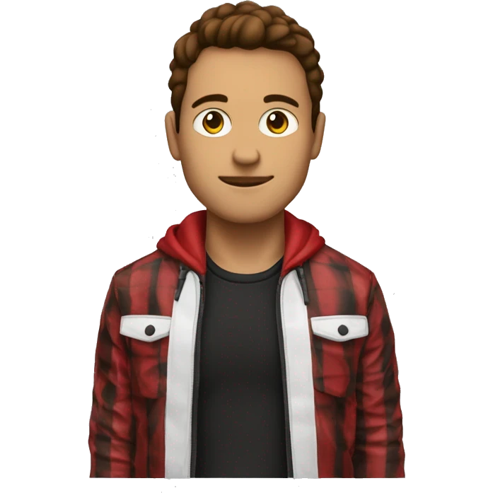 chico blanco con chaqueta roja con cuadros negros y el pelo castaño emoji