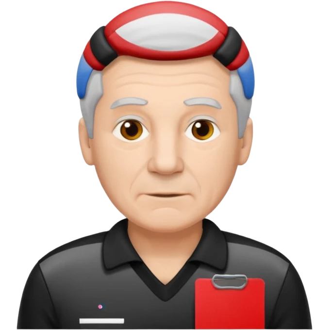 Older Referee – Experienced Look
 Wearing black jersey, gray hair, calm but firm, red card lifted halfway. emoji