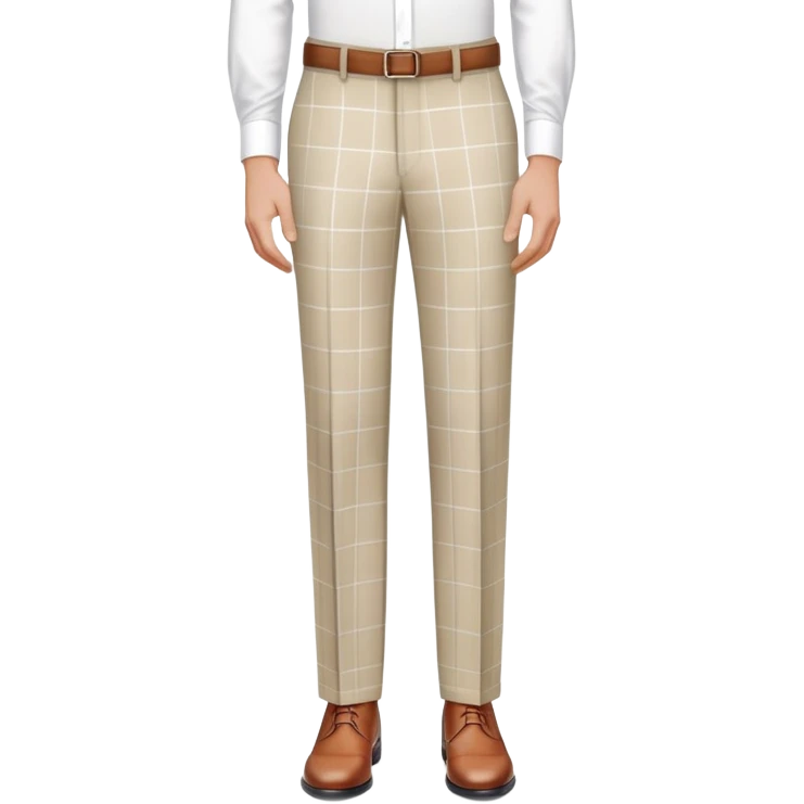 beige dress pants with distinct white grid pattern, formal trousers with clear white check pattern, cuffed hem, tailored pants with white plaid design, isolated garment only emoji