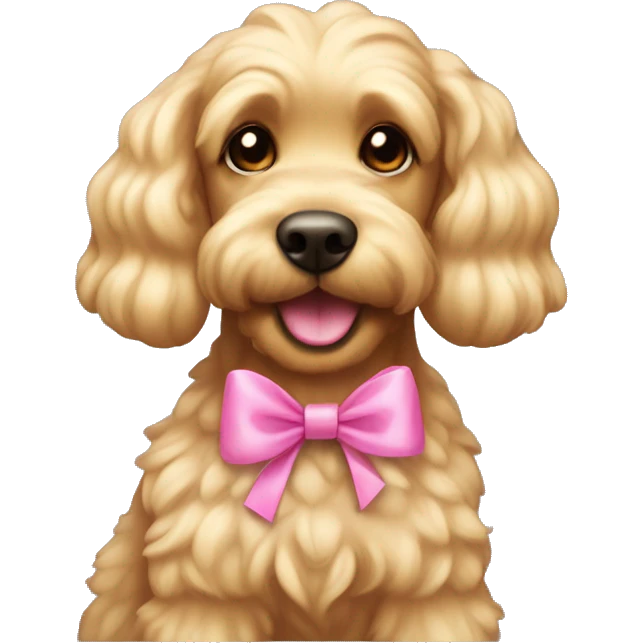 Cute blonde cockapoo with straight hair and a pink bow on head smiling emoji