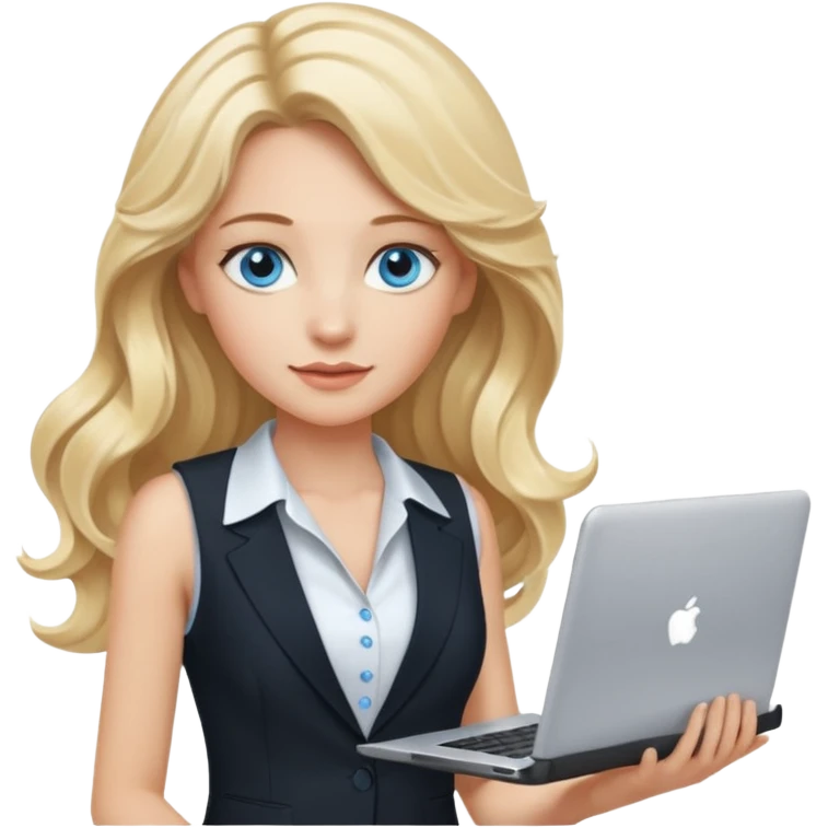 3D Apple-style emoji of a blonde woman whits long wavy hair, with bright blue eyes,
wearing a white sleeveless top,
holding a silver laptop,
clean white background, smooth rounded design
black suite emoji