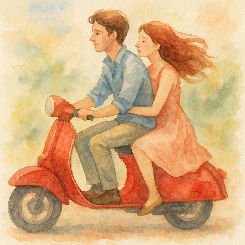 watercolour style illustration of a couple riding a scooter, soft colors, romantic atmosphere emoji
