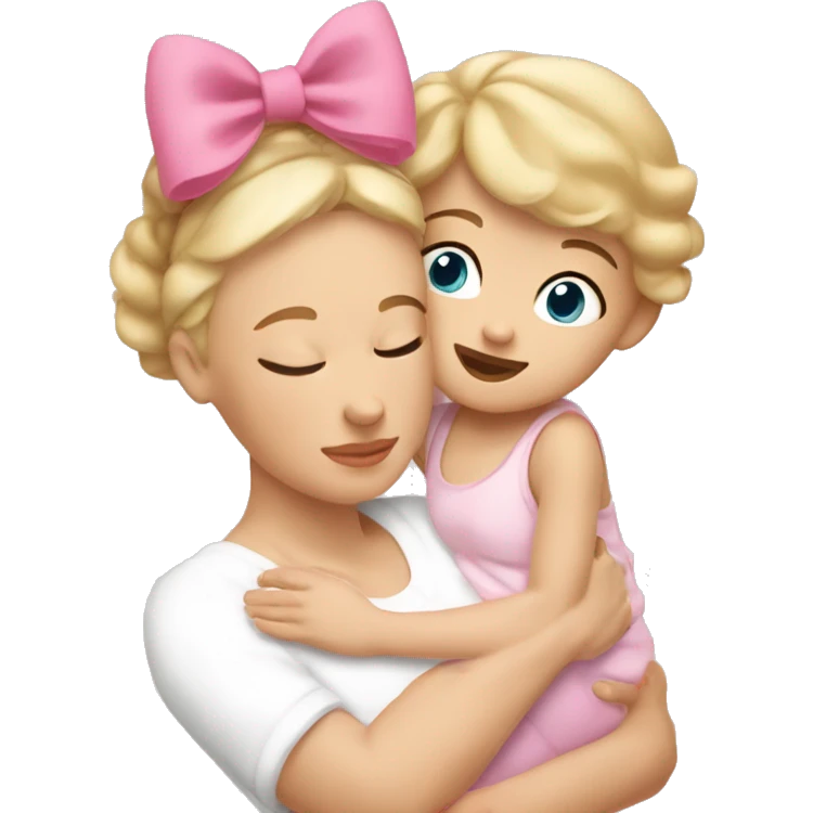 white blonde woman cuddling with baby girl with short light brown hair with a big pink bow on her head emoji