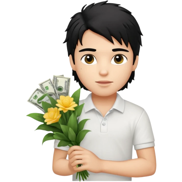 generate a pretty fair bratz boy with a messy mullet (black hair), wearing a white polo.  carrying a bouquet made of money. Fancy card behinf him emoji