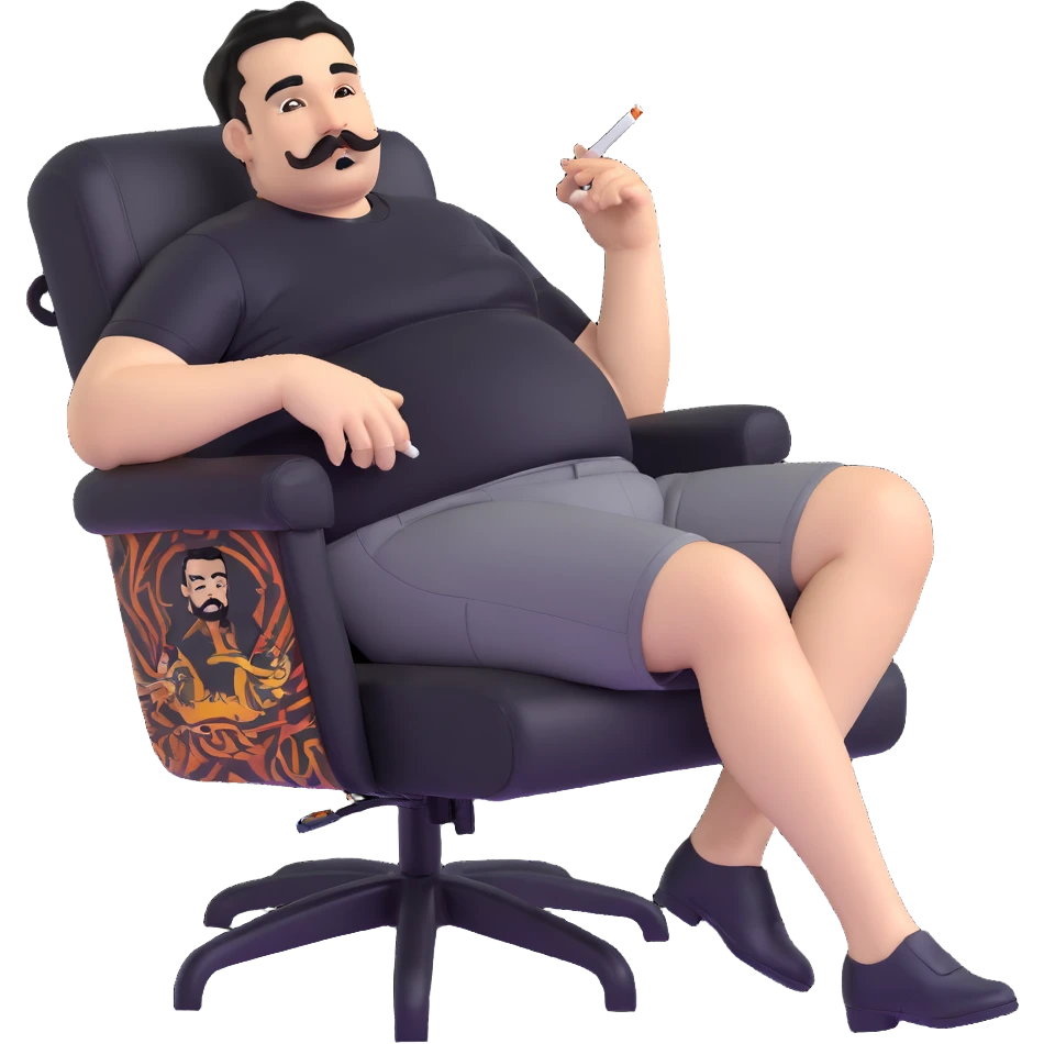 Large man reclining in chair, legs spread, smoking a cigarette, round face, very short black hair, well-groomed beard with mustache, light skin, black t-shirt with light stripes at top riding up to show belly, black shorts, arms covered in black graphic tattoo patterns with designs visible on forearms and shoulders emoji