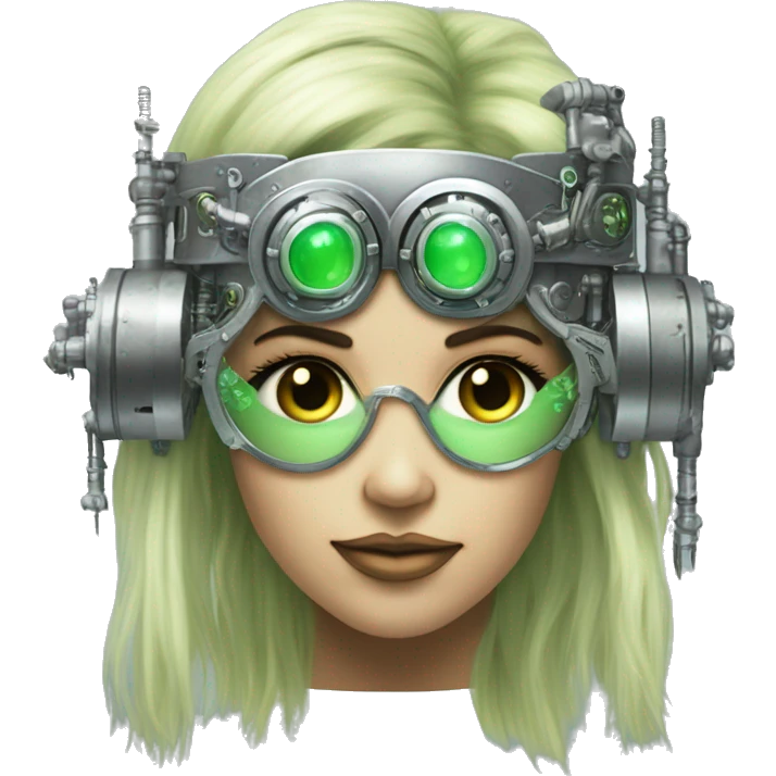 Light green long hair female cyborg head with silver steampunk goggles as a headband, circuits emoji