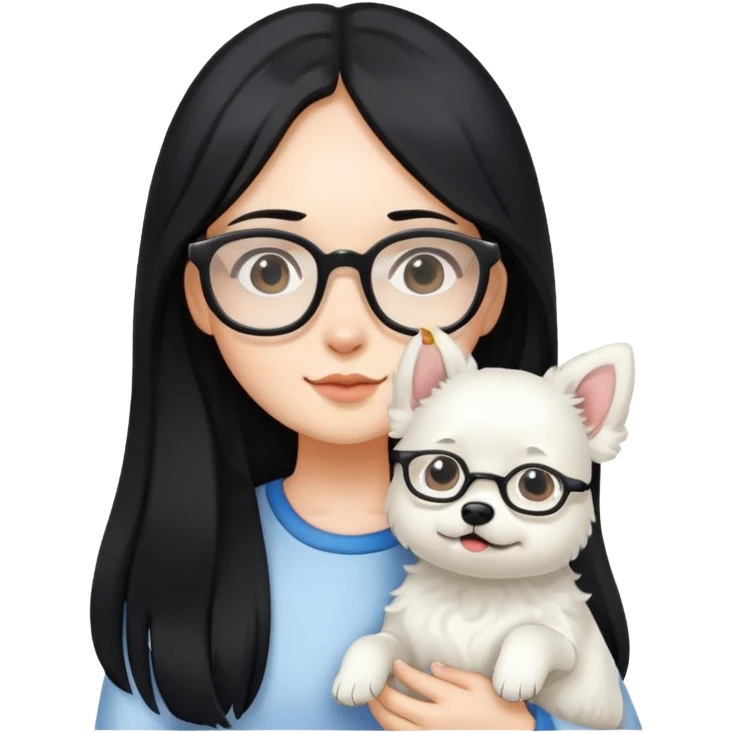 A girl with long black hair and glasses holding a white dog emoji