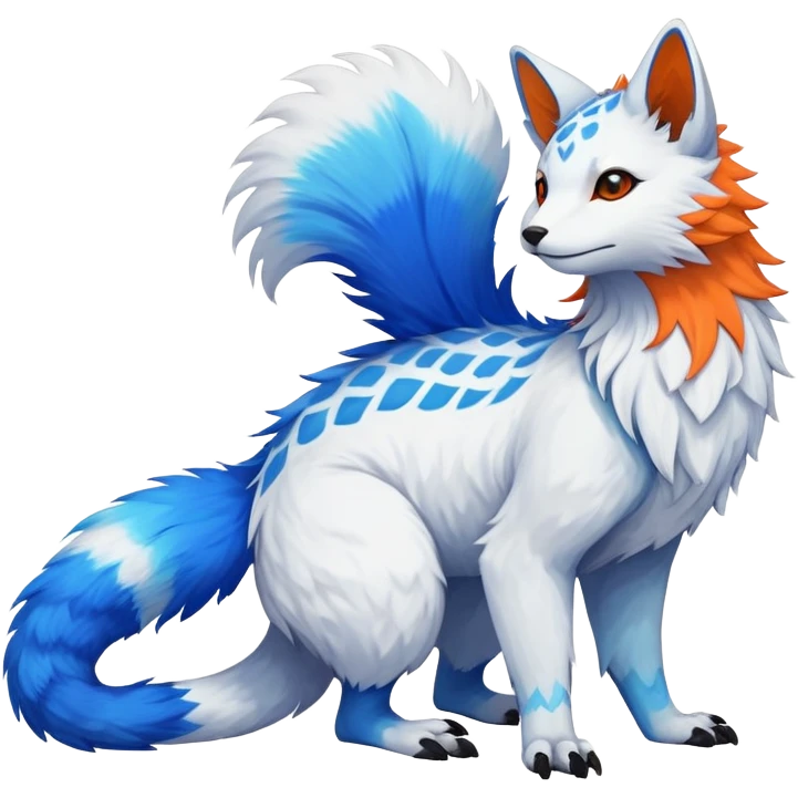 Rare realistic exotic white and neon-blue and neon-orange epic pretty beautiful handsome gorgeous aesthetic colorful vibrant Vernid-Trico-species-Fakemon-creature by LiLaiRa, 4 legs, 1 tail, random markings, (full body) tufted tail  emoji