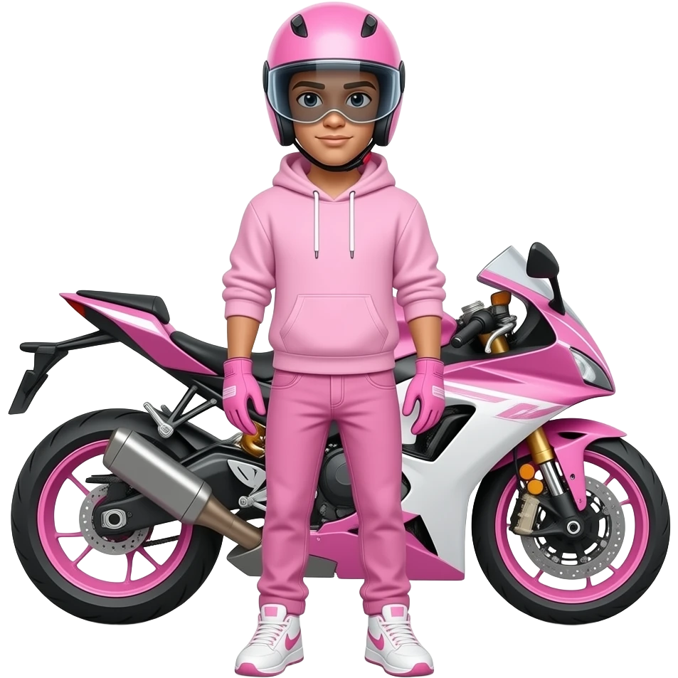 young figured man with pink jeans and a pink hoodie wearing white pink sneakers and pink gloves, also he wears a pink motorcycle helmet with dark full vision and stands in front of a pink white motorcycle emoji