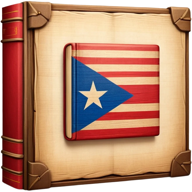 Elegant aged book with the Puerto Rican flag subtly embossed on the cover, carved wooden theater stage symbol, vintage textured cover with warm wood and parchment tones, slightly glowing, representing the eternal legacy of scenic design emoji