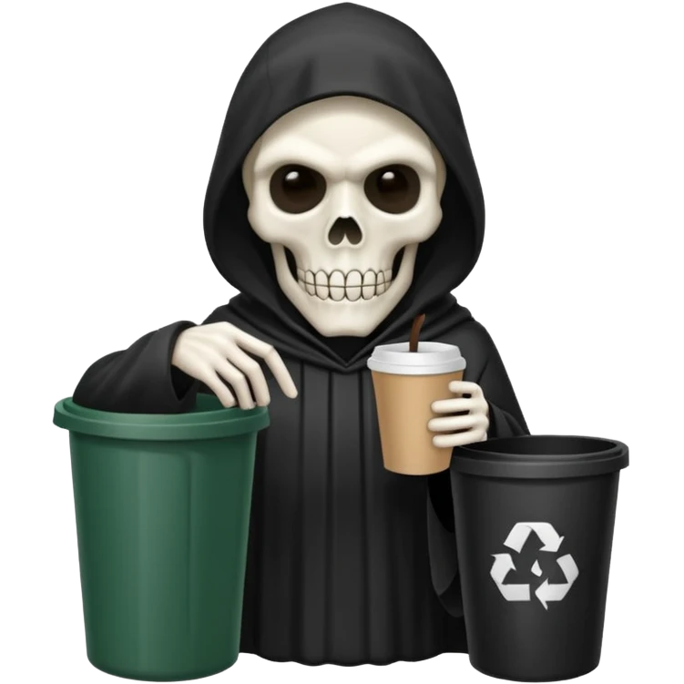 grim reaper with a coffee and trash can with papers  emoji