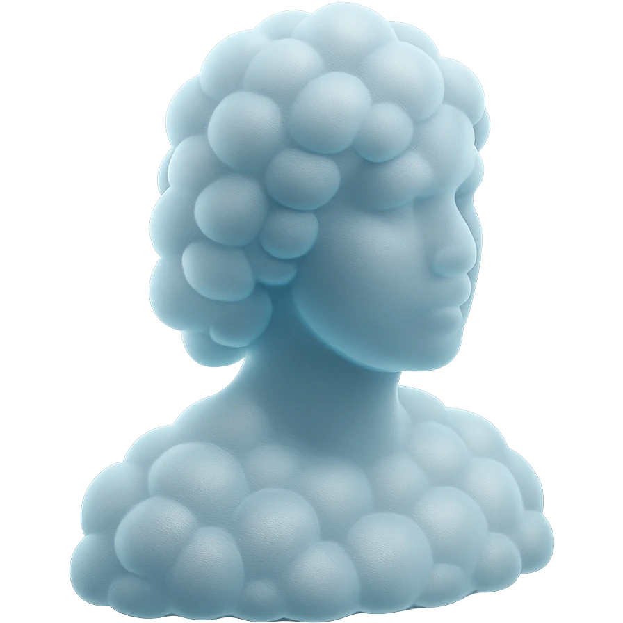 person looking straight, composed entirely of white fluffy convex clouds, shoulder length, matte glass style, no background emoji