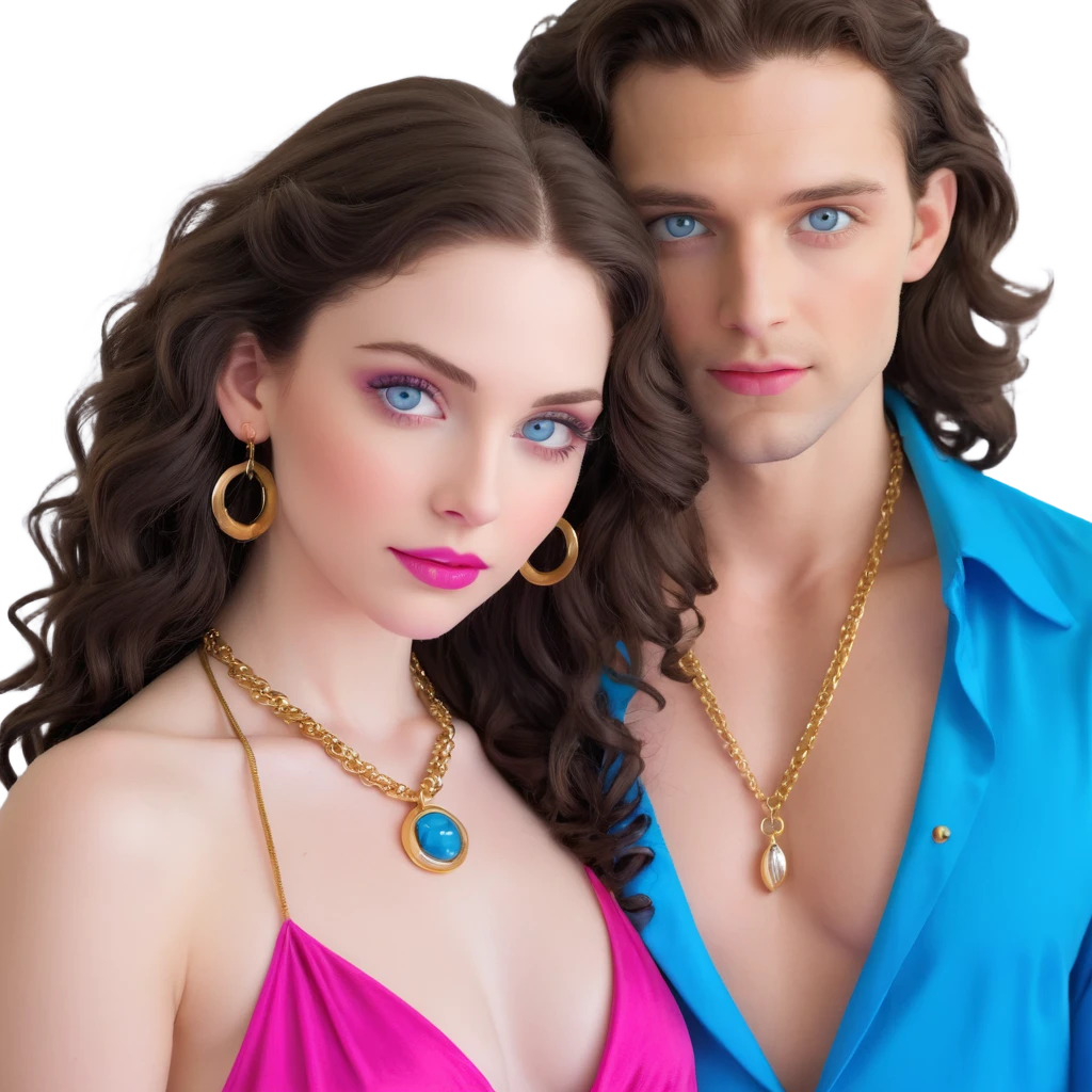 attractive couple embracing in romantic pose, woman with big blue-grey eyes, long lashes, pale skin, pink lips, long voluminous dark brown curls, gold hoop earrings, revealing silky halter top close to handsome man with intense blue-grey eyes, chiseled features, pale skin, confident smirk, dark brown styled hair, gold chain, revealing open shirt, faces close together emoji