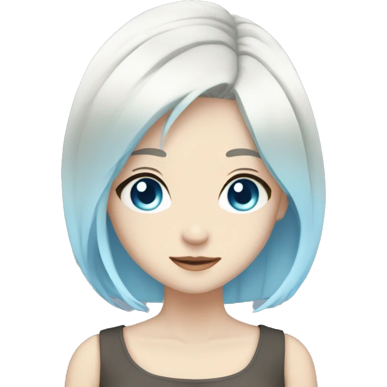 A anime girl has white short hair, has a sky blue color + shaped hairpin, sky blue eyes emoji