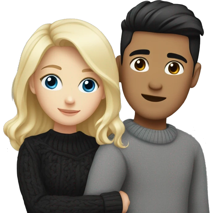 Blonde girl with blue eyes in black sweater and asian man with black hair and black eyes hugging emoji