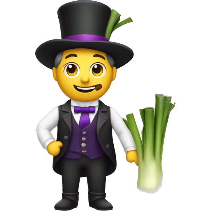 Make a Man holding a Leek wearing a tophat but the tophat has a purple band emoji